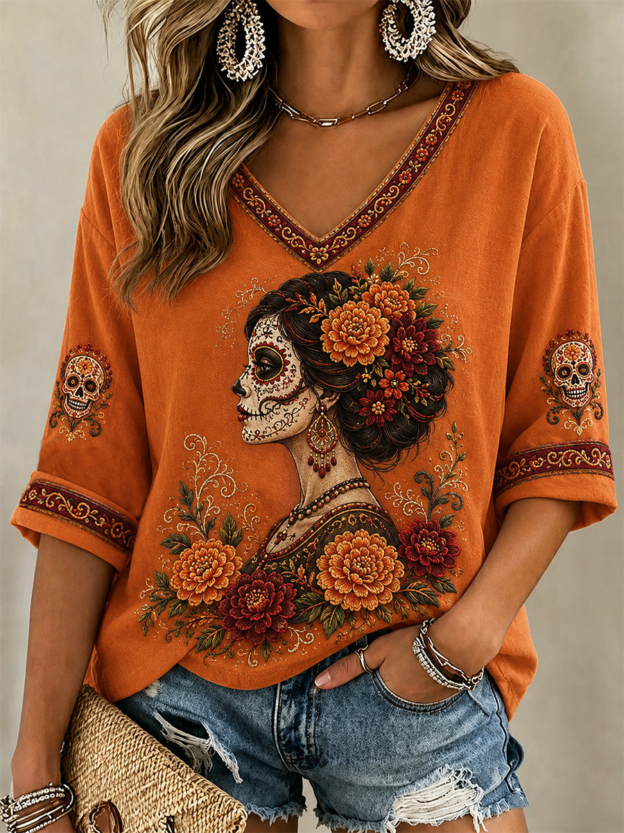 Camiseta informal con cuello en V y estampado artístico mexicano del Día de los Muertos para mujer