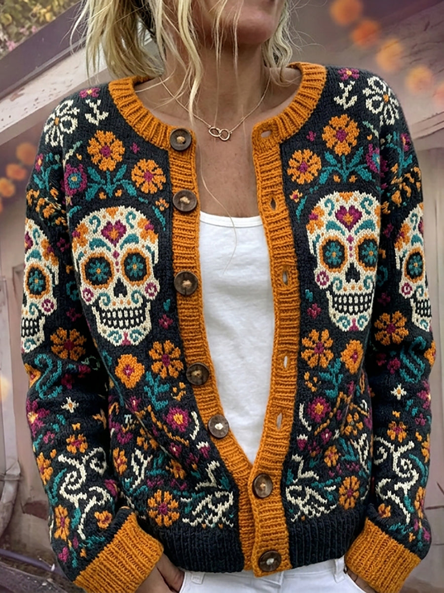 Día de las mujeres del cráneo muerto del azúcar y de la impresión floral mexicana Cardigan acogedor