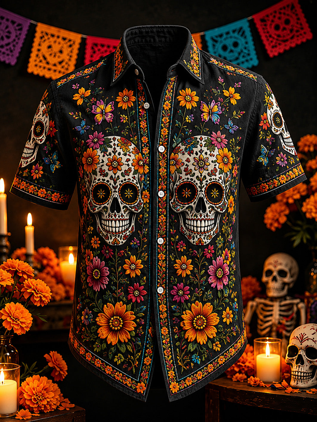 Camisa casual de manga corta para hombre con estampado de calaveras y caléndulas
