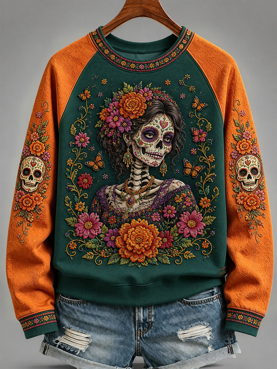 Sudadera casual con estampado artístico del Día de los Muertos mexicano para mujer