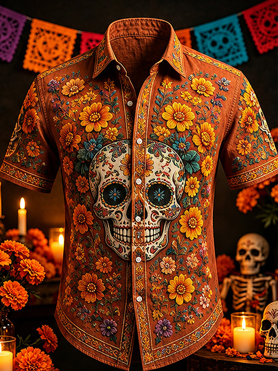 Camisa casual de manga corta para hombre con estampado de calaveras y caléndulas