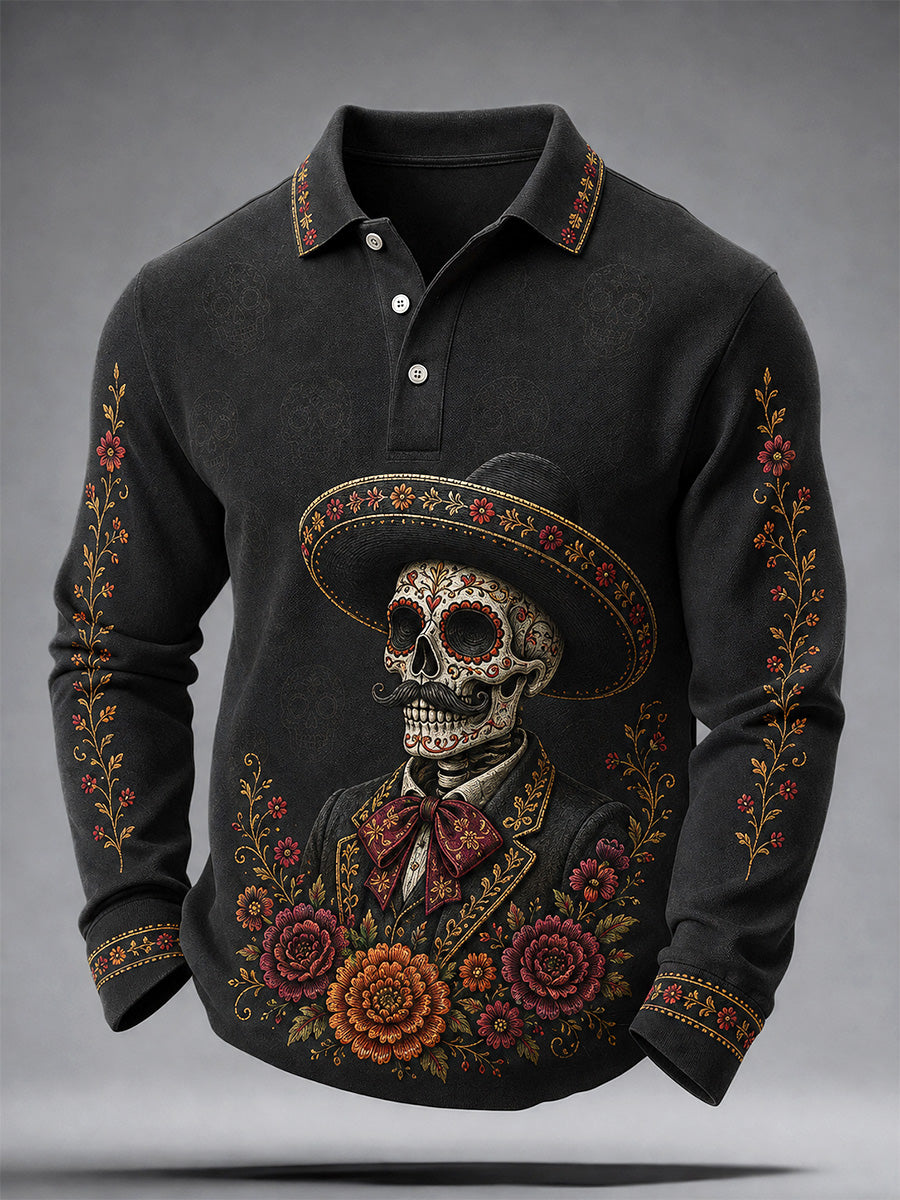 México Día de los Muertos de los hombres de impresión de arte Casual Polo de manga larga