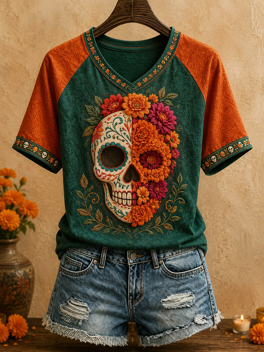 Camiseta estampada con arte floral del Día de los Muertos mexicano para mujer