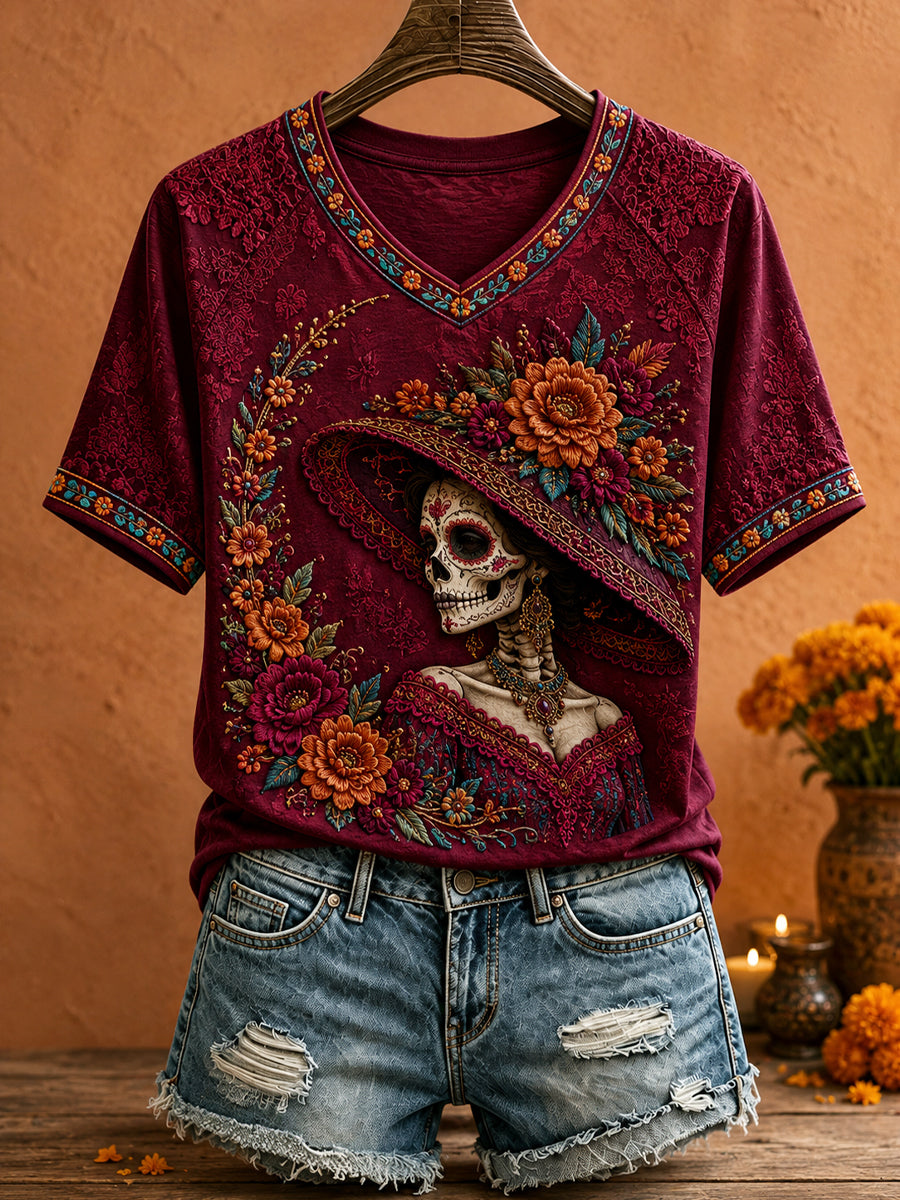 Camiseta estampada con arte floral del Día de los Muertos mexicano para mujer