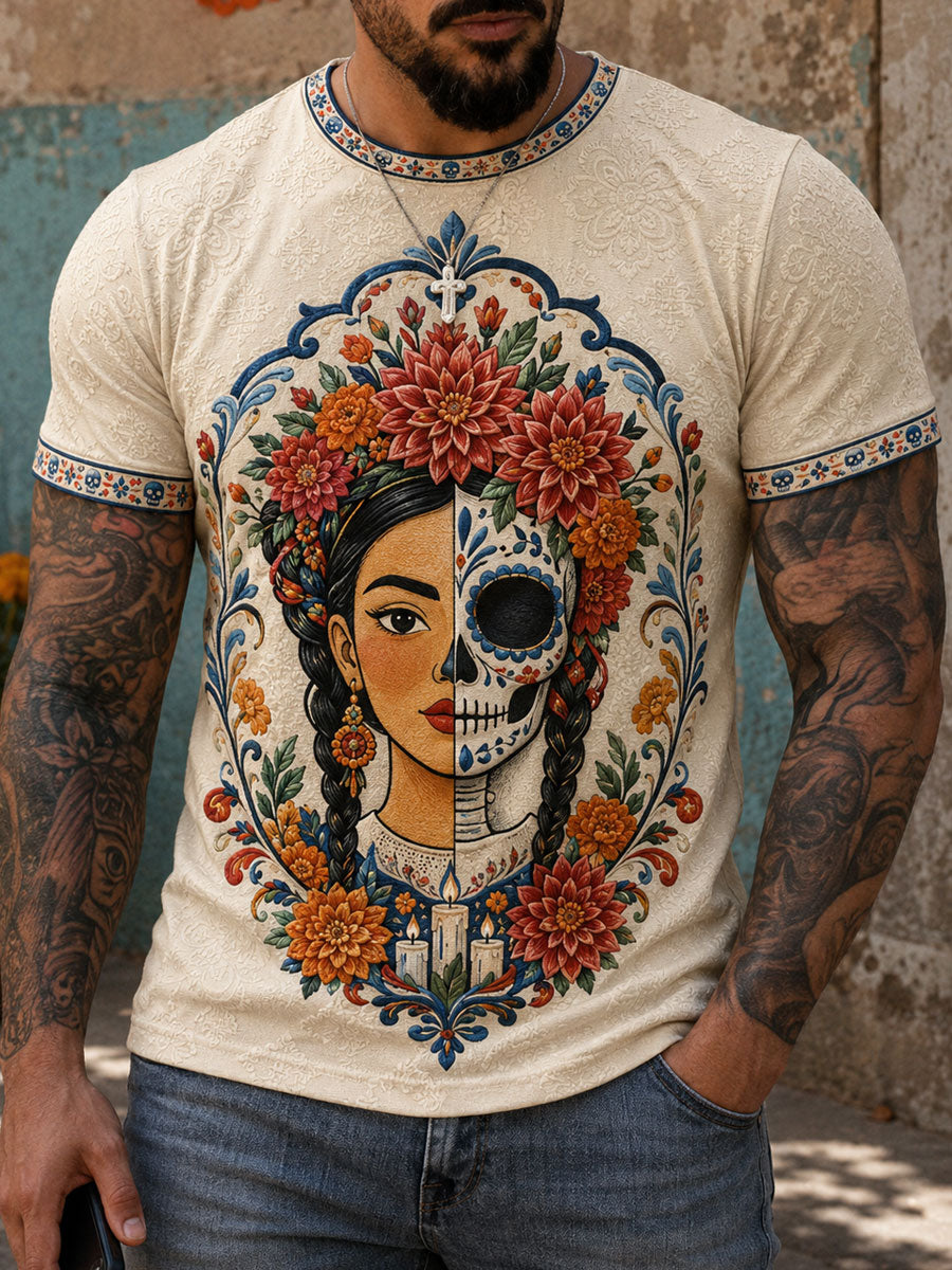 Camiseta para hombre con estampado floral de Día de Muertos mexicano