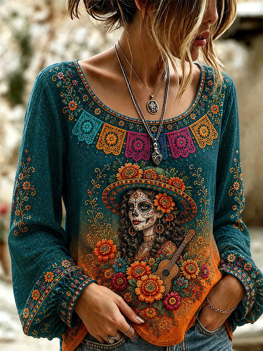 Camiseta casual con estampado artístico del Día de los Muertos mexicano para mujer
