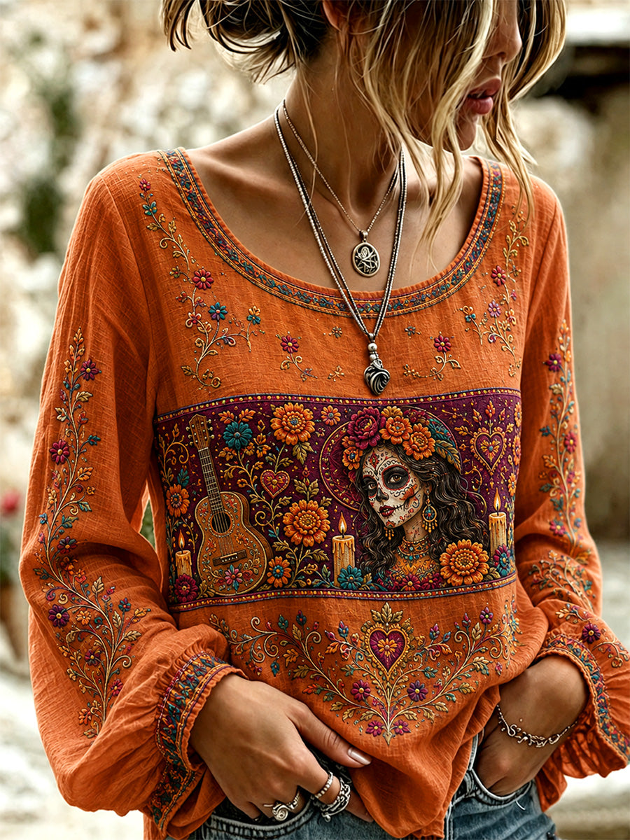 Camiseta casual con estampado artístico del Día de los Muertos mexicano para mujer