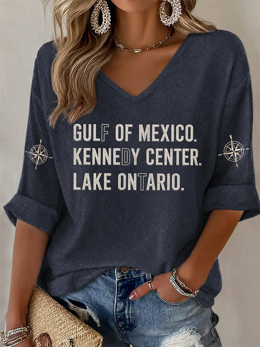 Camiseta de media manga con cuello en V y estampado de la mujer Golfo de México Kennedy Center Lake Ontario