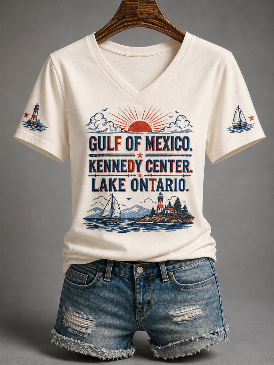 Camiseta con cuello en V FDT Gulf Of Mexico Kennedy Center Lake Ontario para mujer