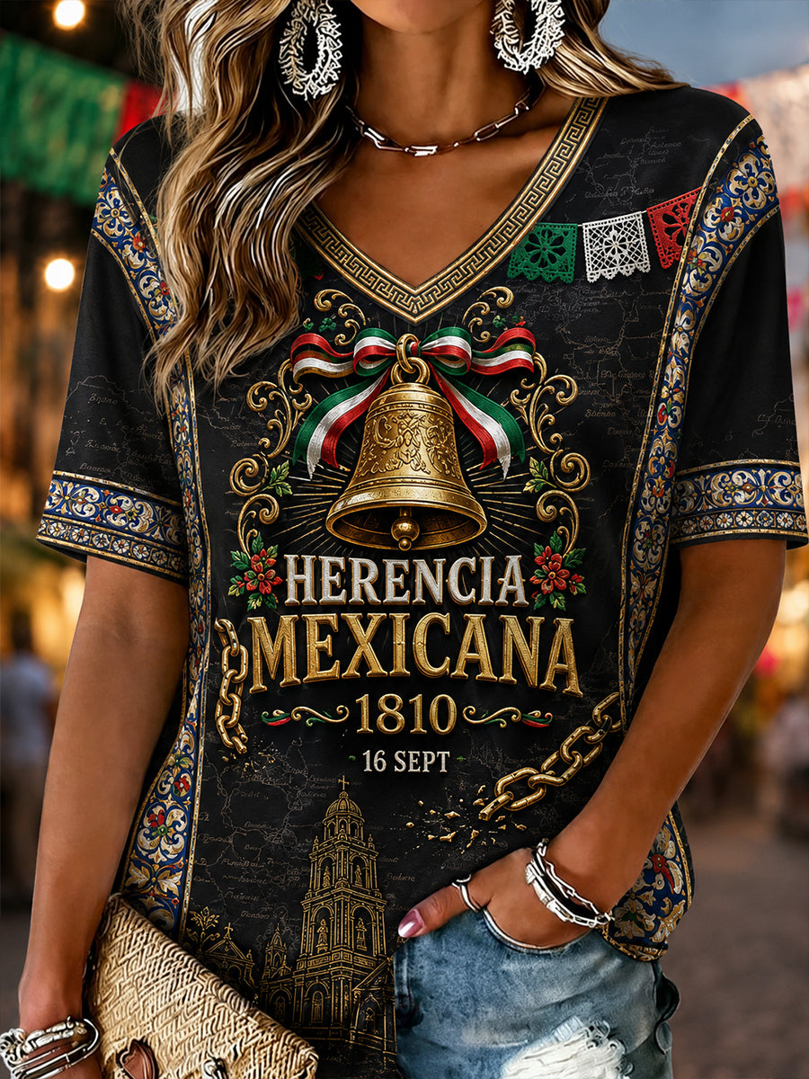 Camisa de lino con cuello en V y estampado del Día de la Independencia de México para mujer