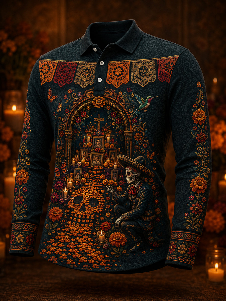 Camisa de manga larga para hombre con diseño del Día de los Muertos de México