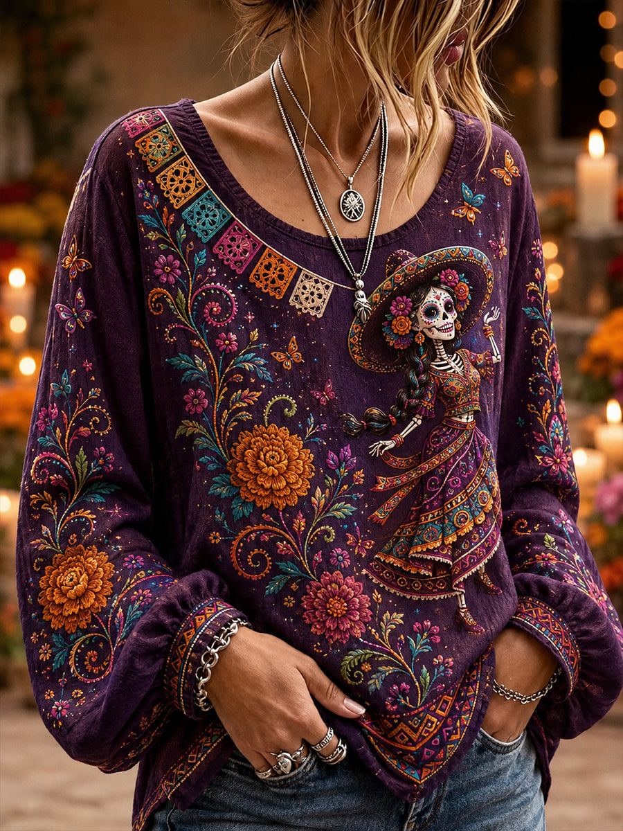 Camisa de algodón y lino para mujer del Día de los Muertos de México