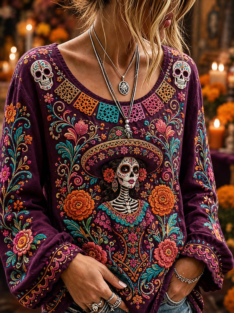 Camisa de algodón y lino para el Día de los Muertos de México, estilo femenino