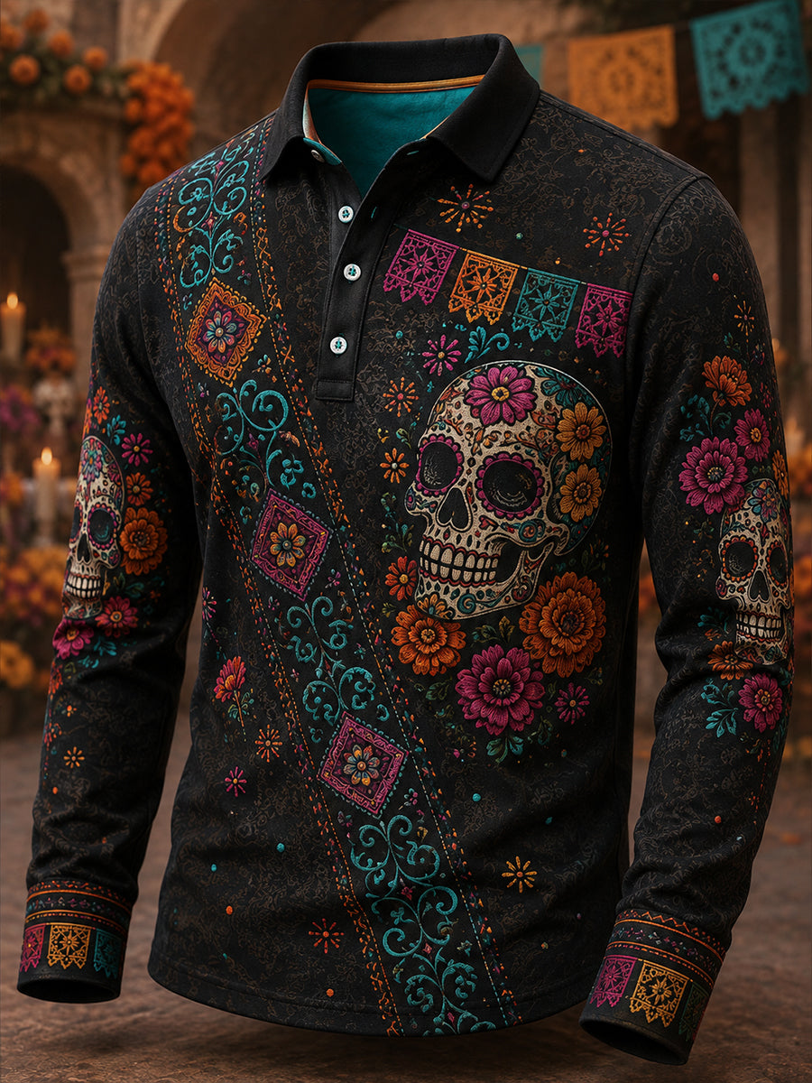 Camisa de manga larga para hombre con diseño del Día de los Muertos de México