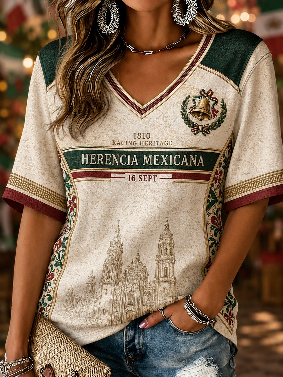 Camisa de lino con cuello en V y estampado del Día de la Independencia de México para mujer