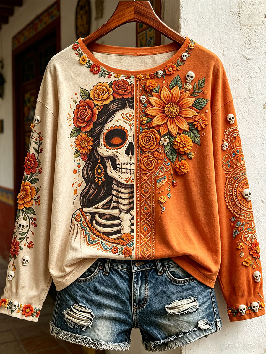 Camiseta estampada con arte floral del Día de los Muertos mexicano para mujer