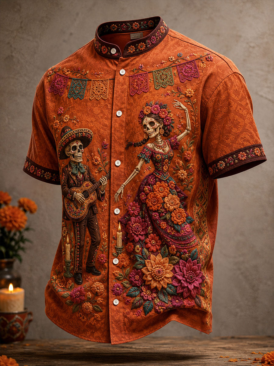 Camisa estampada con diseño floral del Día de los Muertos mexicano para hombre