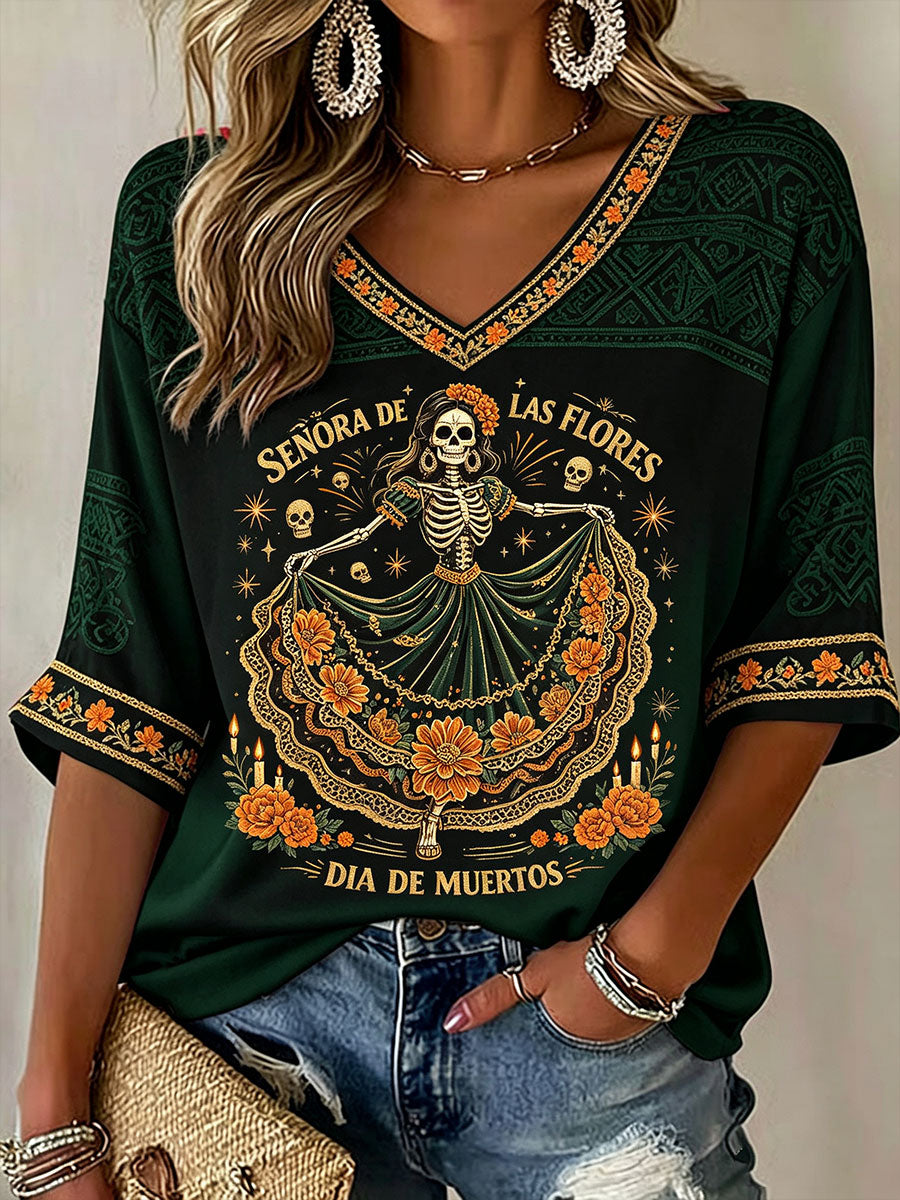 Camiseta estampada con arte floral del Día de los Muertos mexicano para mujer