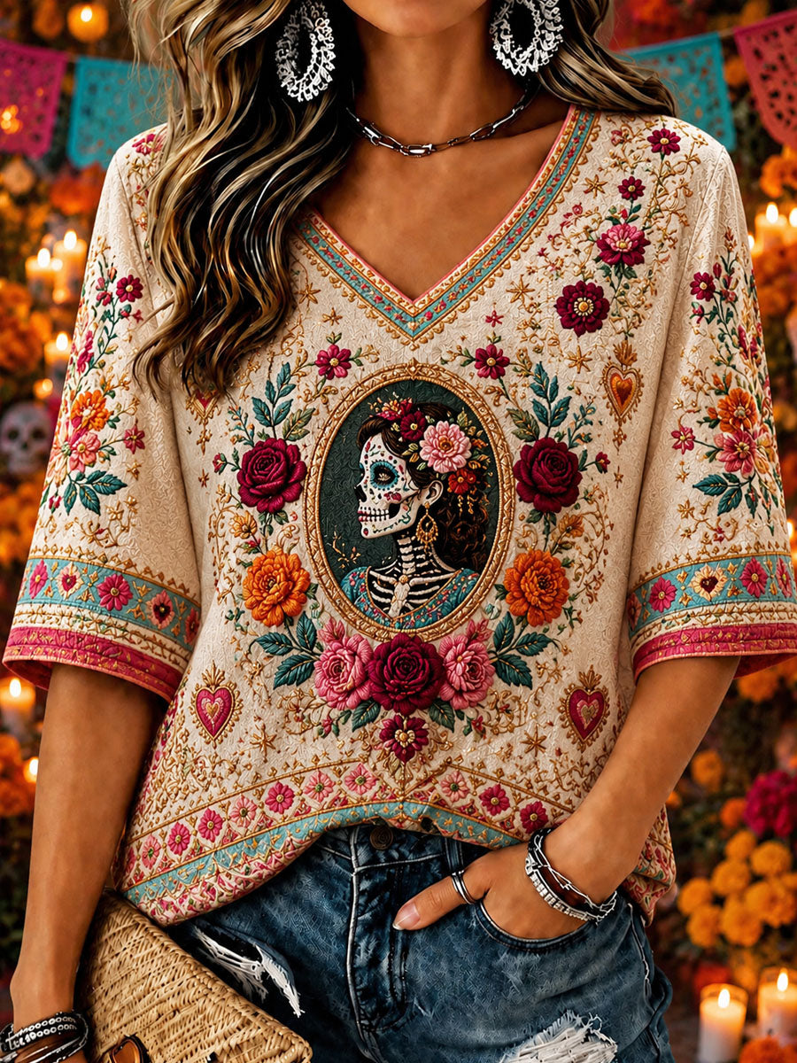 Camiseta informal estampada de Día de Muertos para mujer
