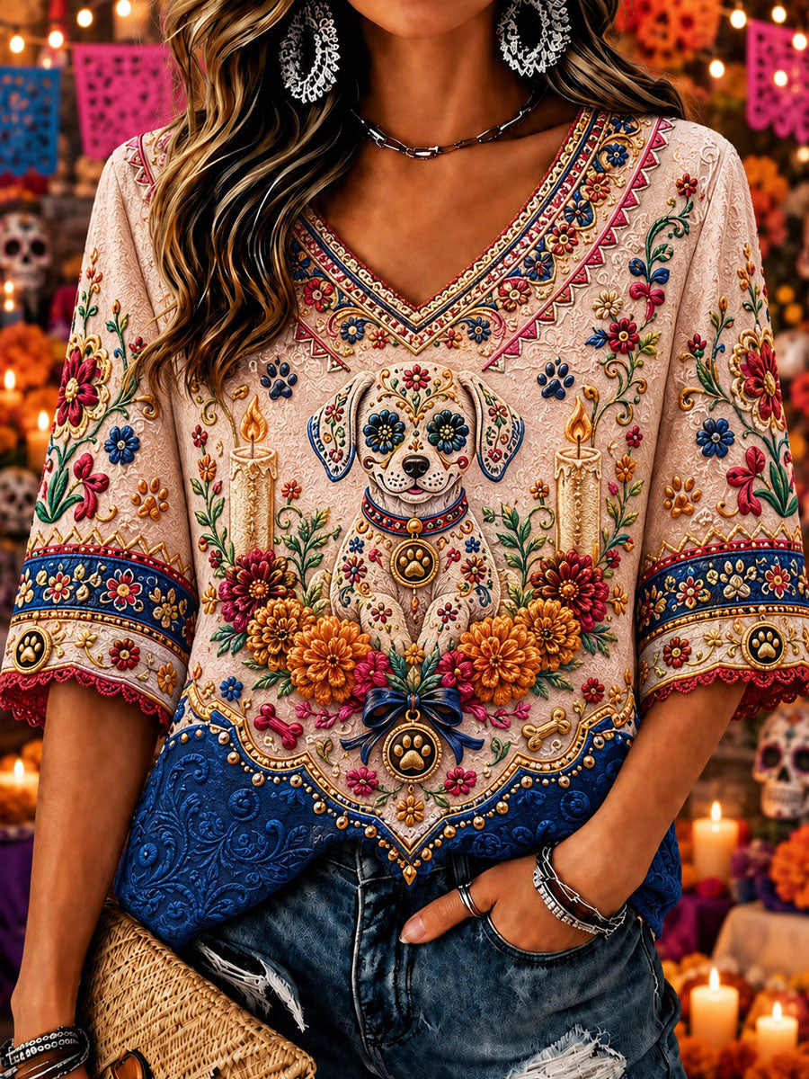 Camiseta informal estampada de Día de Muertos para mujer