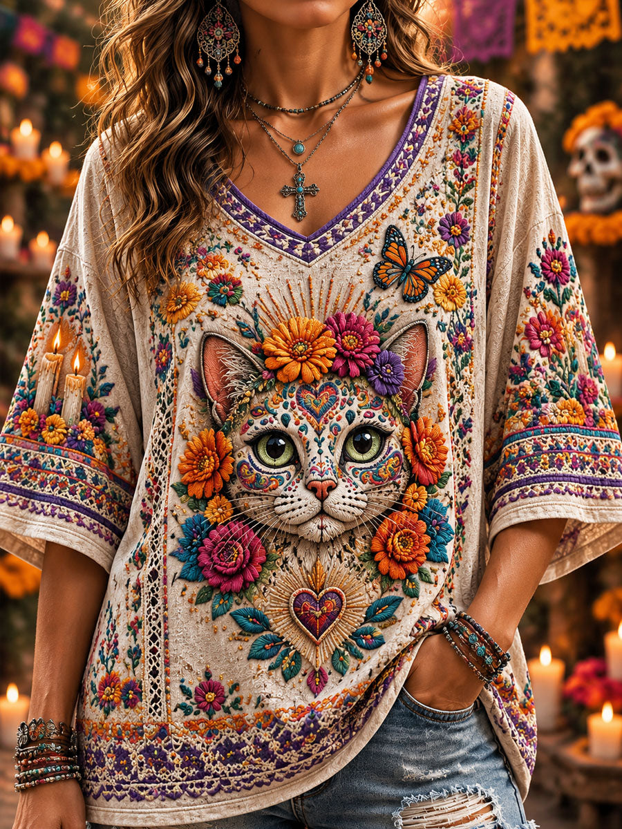 Camiseta informal estampada de Día de Muertos para mujer