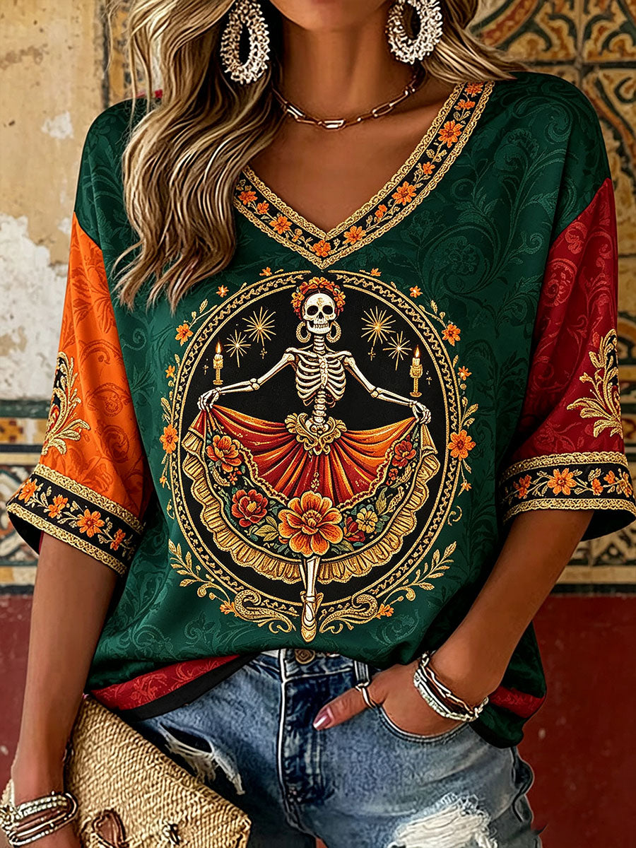 Camiseta estampada con arte floral del Día de los Muertos mexicano para mujer