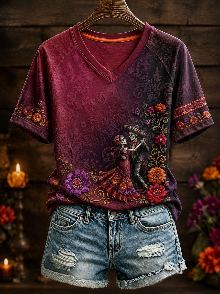 Camiseta estampada con arte floral del Día de los Muertos mexicano para mujer