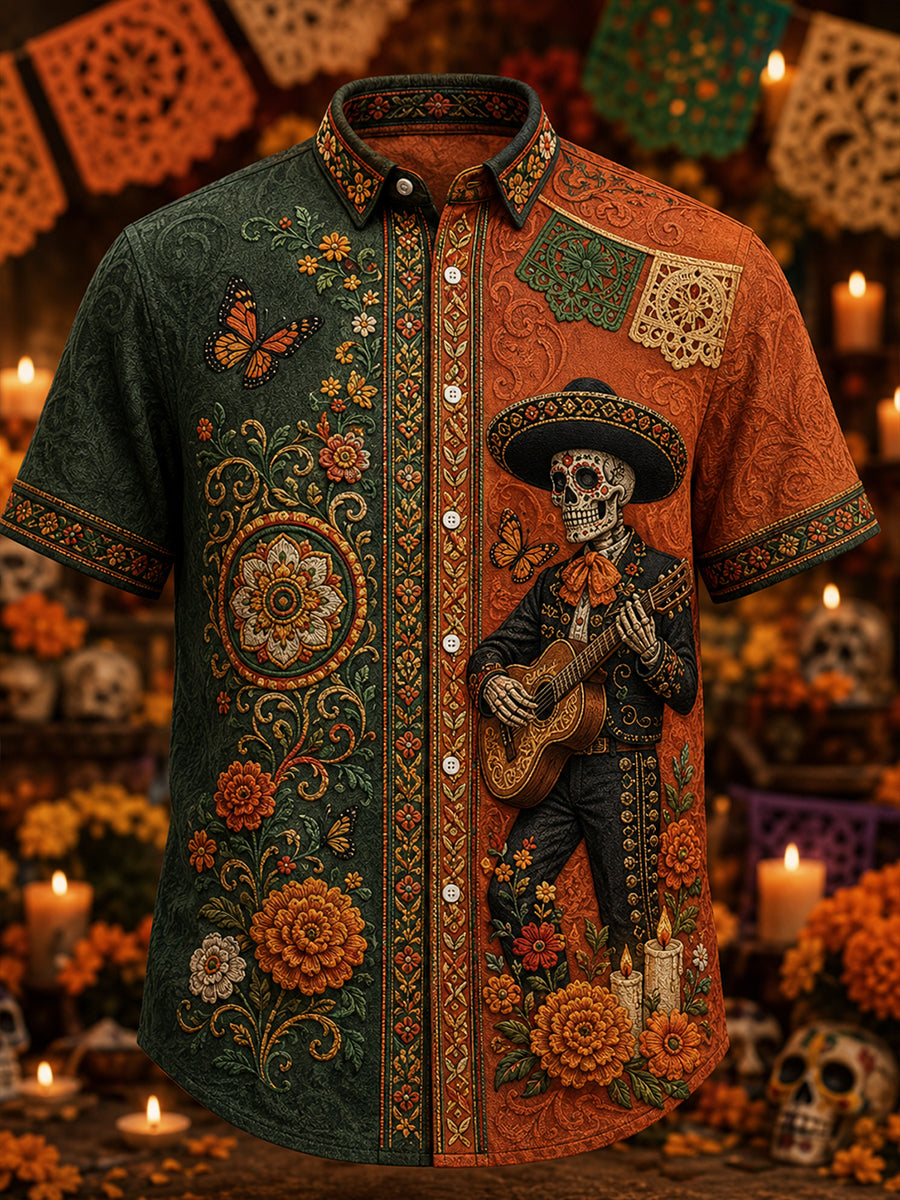 Camisa de manga corta para hombre con estampado del Día de los Muertos de México