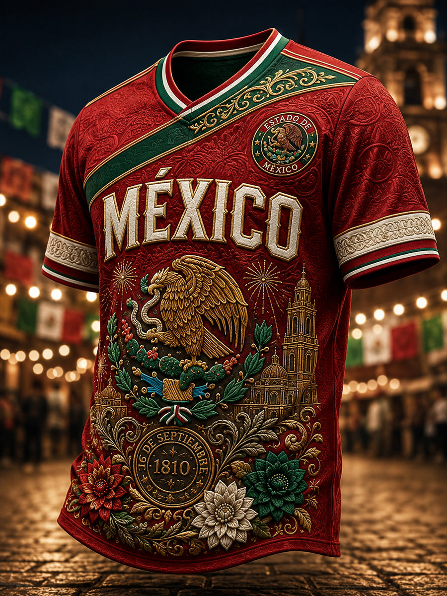 Camiseta de cuello en V para el Día de la Independencia de México, estilo masculino