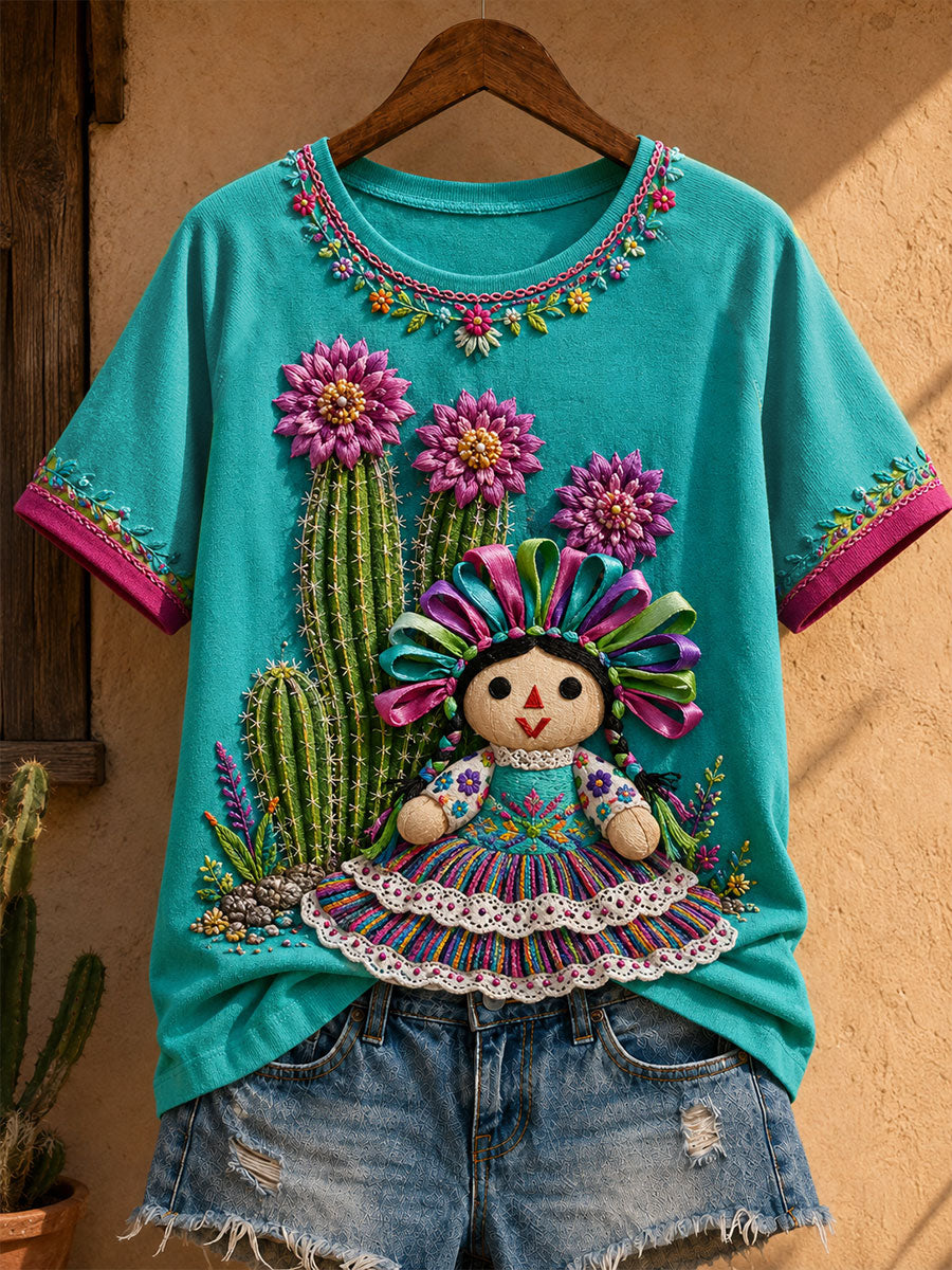 Frauen Mexiko Lele Puppe Blumen kunst bedrucktes T-Shirt