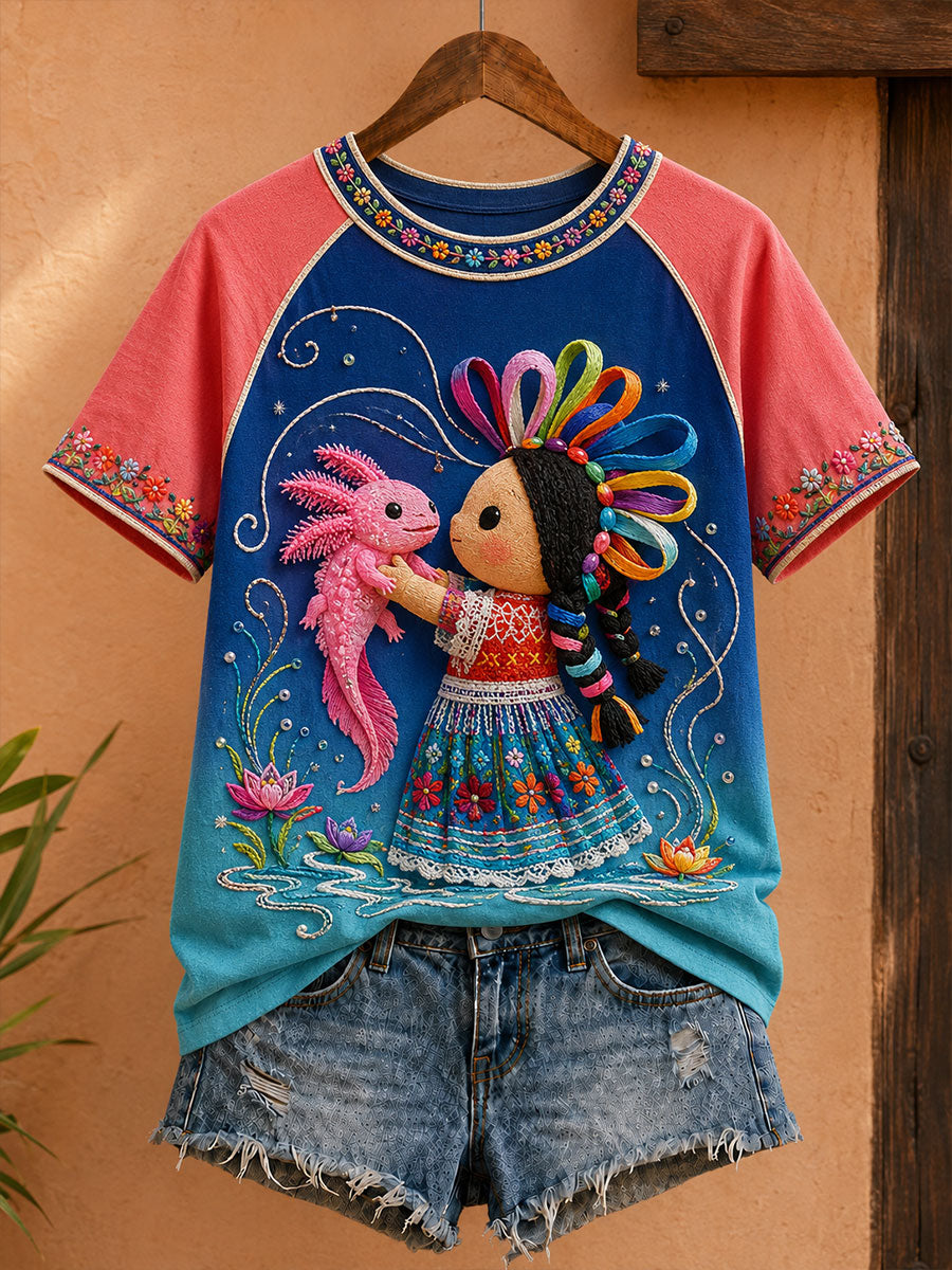 Damen-T-Shirt mit mexikanischer Lele-Puppe und floraler Kunst-Print
