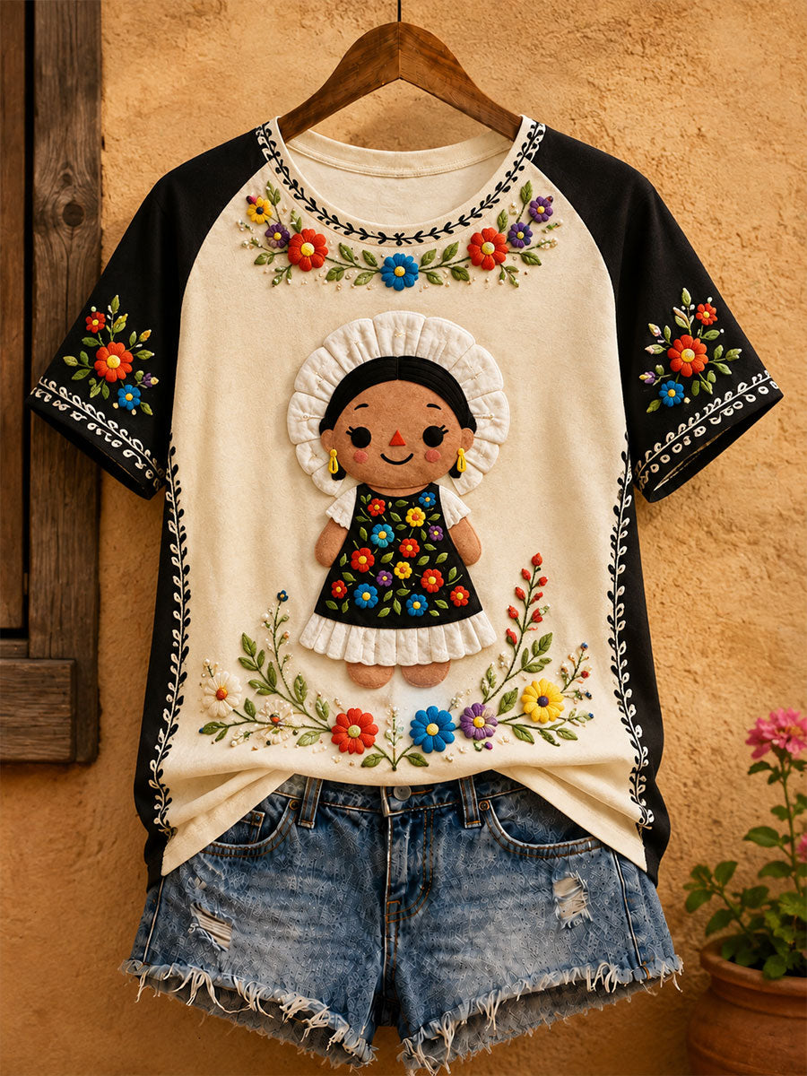Damen-T-Shirt mit mexikanischer Lele-Puppe und floraler Kunst-Print