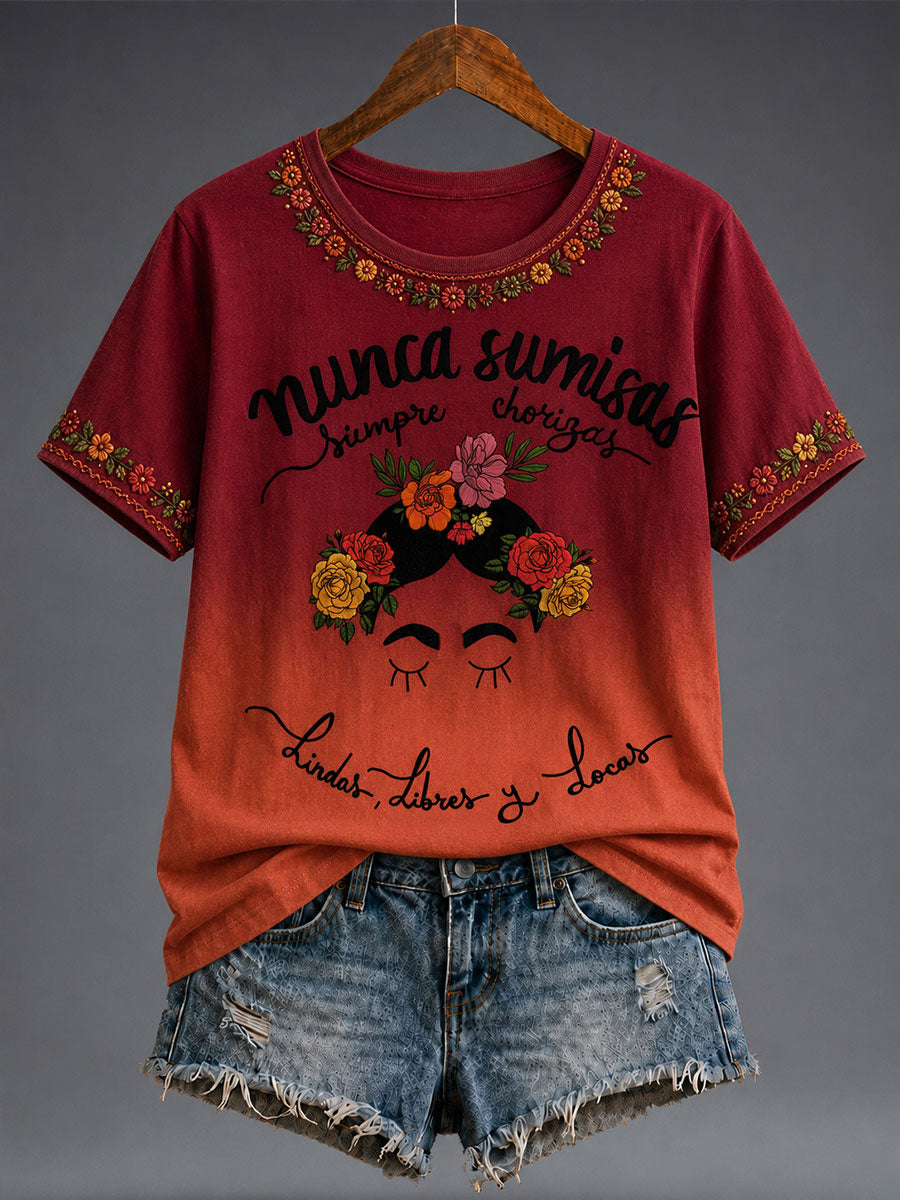 Damen-T-Shirt mit mexikanischer Lele-Puppe und floraler Kunst-Print