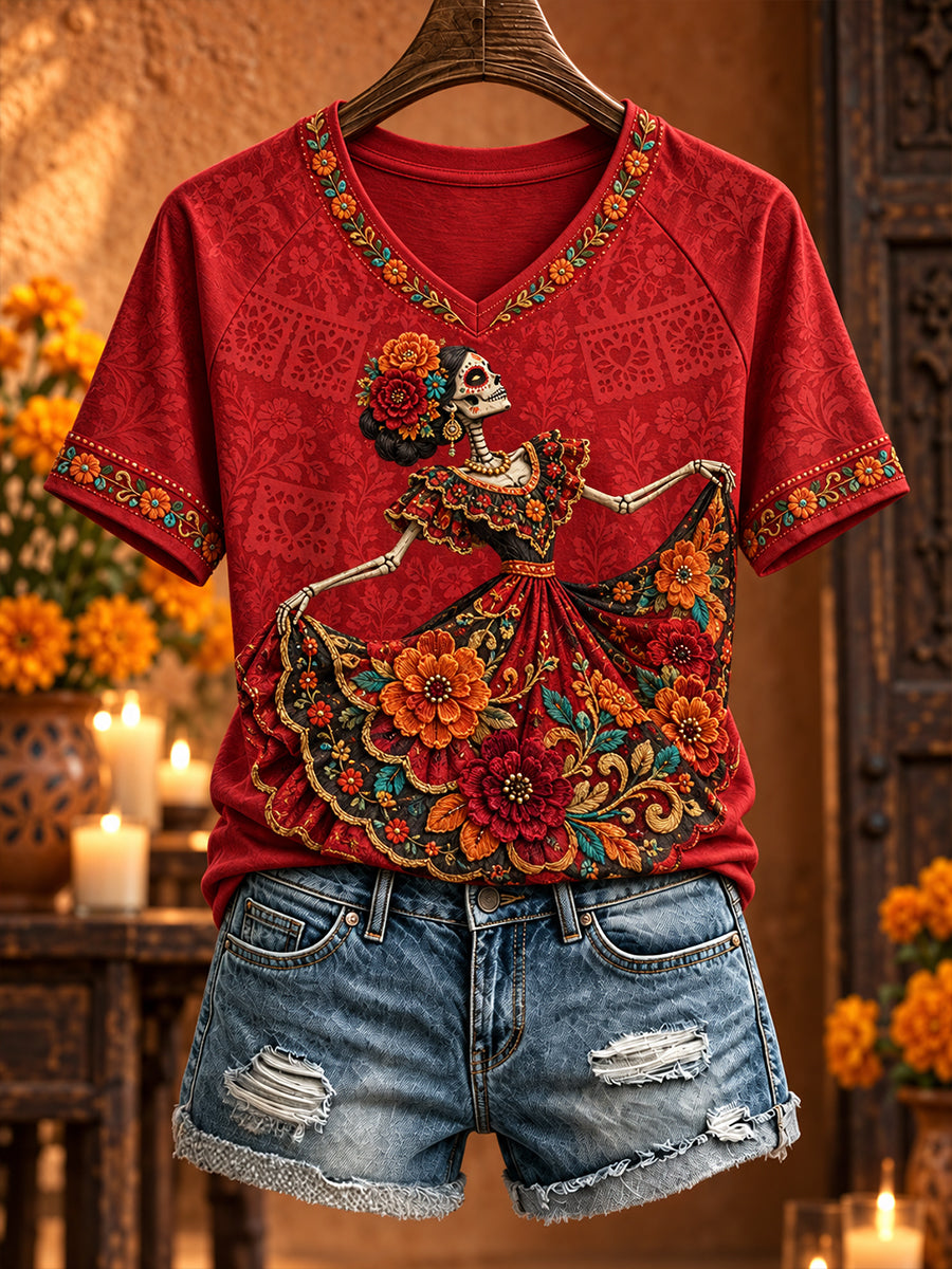 Camiseta estampada con arte floral del Día de los Muertos mexicano para mujer