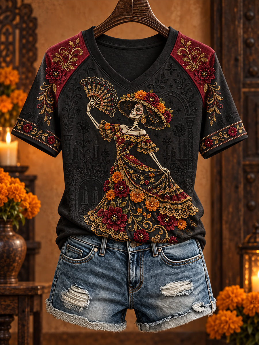Camiseta estampada con arte floral del Día de los Muertos mexicano para mujer