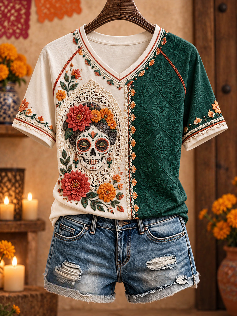 Camiseta estampada con arte floral del Día de los Muertos mexicano para mujer