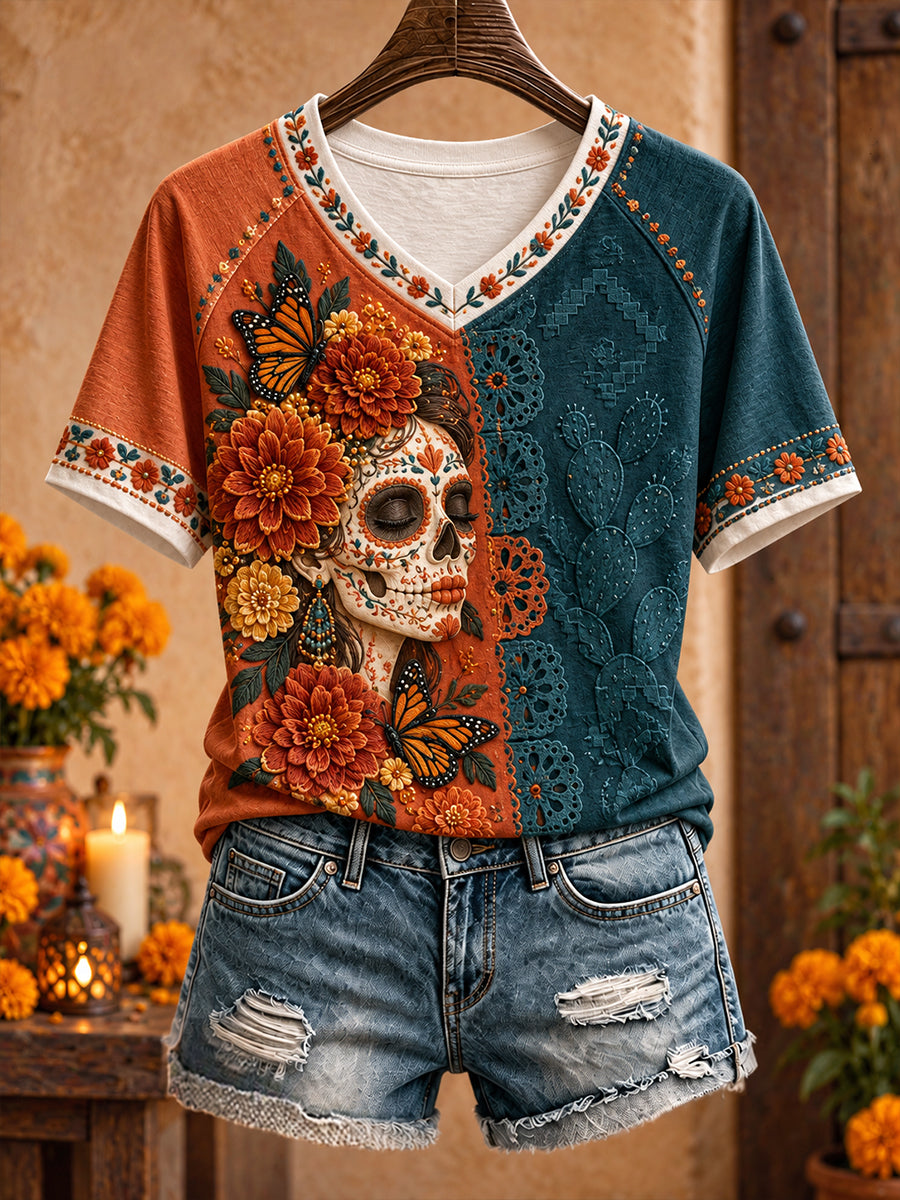 Camiseta estampada con arte floral del Día de los Muertos mexicano para mujer