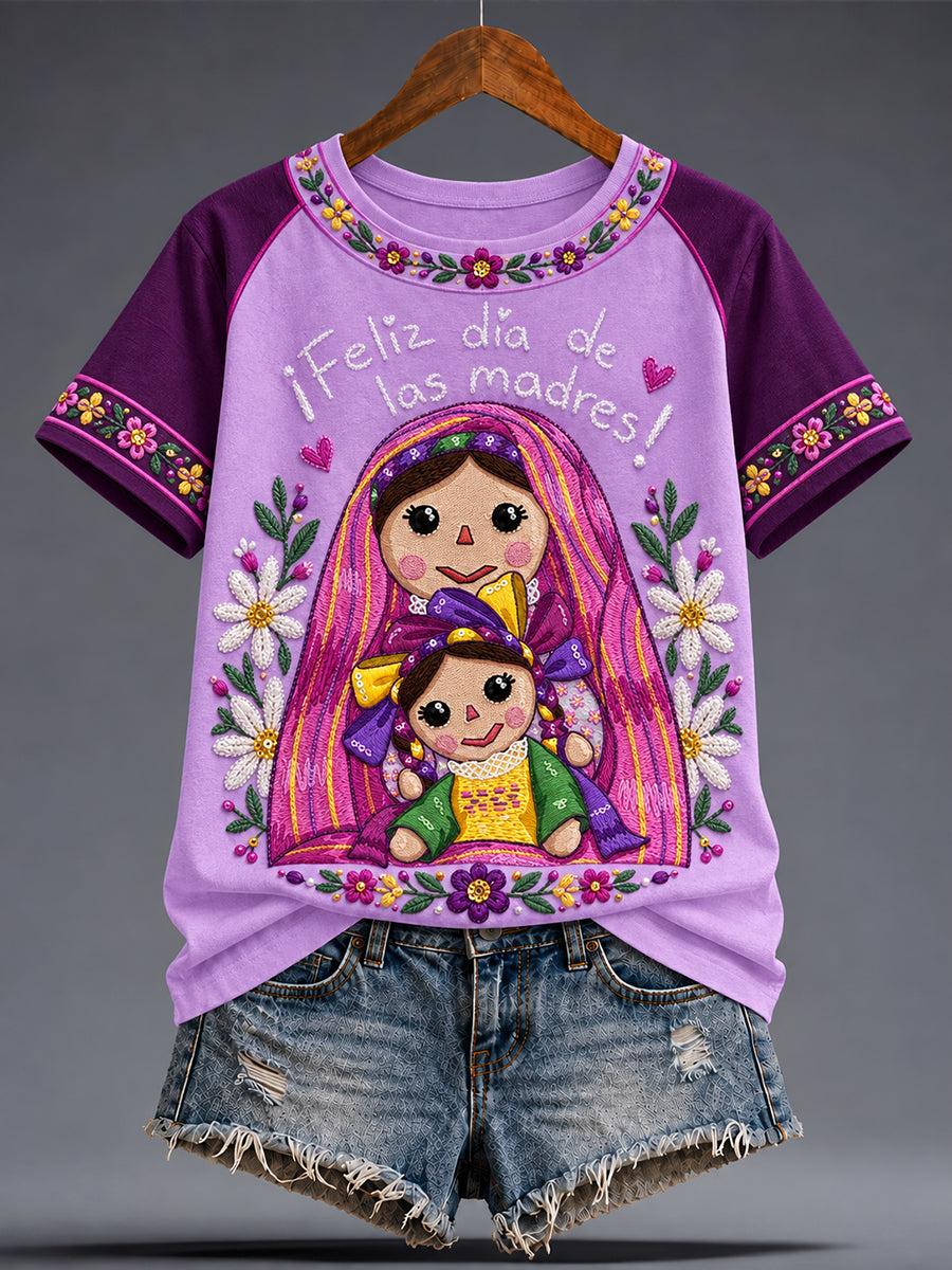 Camiseta estampada con diseño floral de la muñeca Lele mexicana para mujer