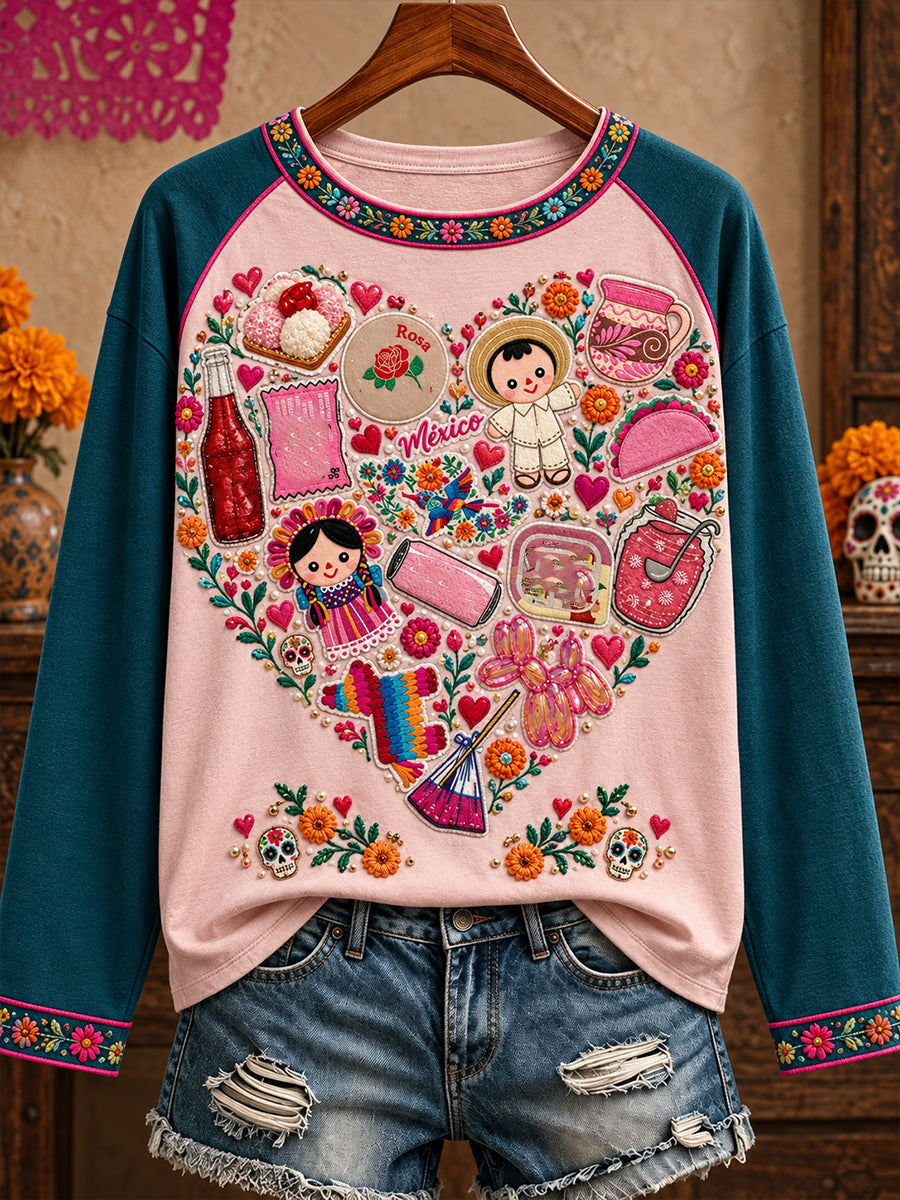 Camiseta estampada con diseño floral de la muñeca Lele mexicana para mujer
