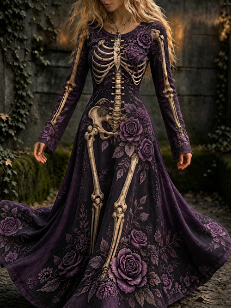 Retro de las mujeres Halloween gótico esqueleto y púrpura Rosa Flores patrón imprimir Maxi vestido