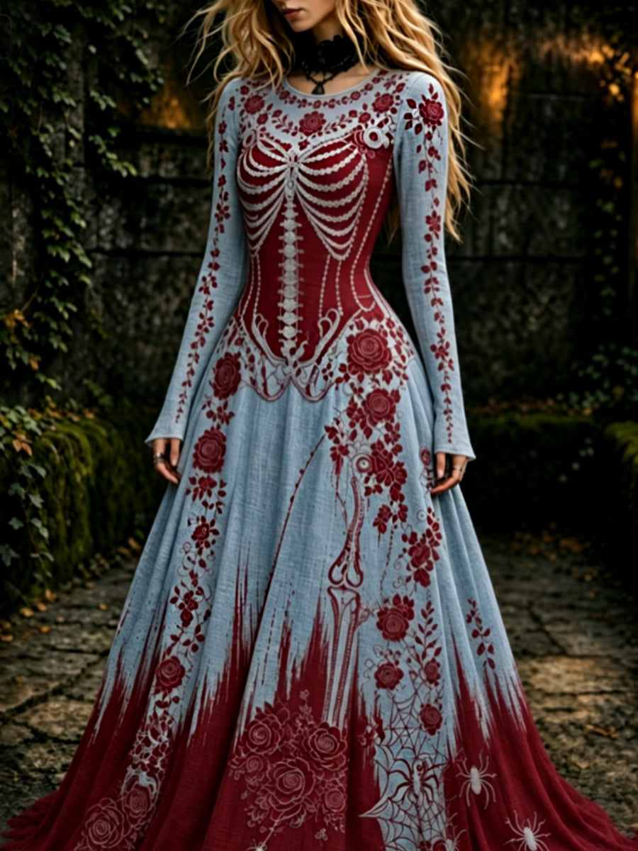 Esqueleto gótico retro de las mujeres y vestido maxi de Halloween del patrón de Rose