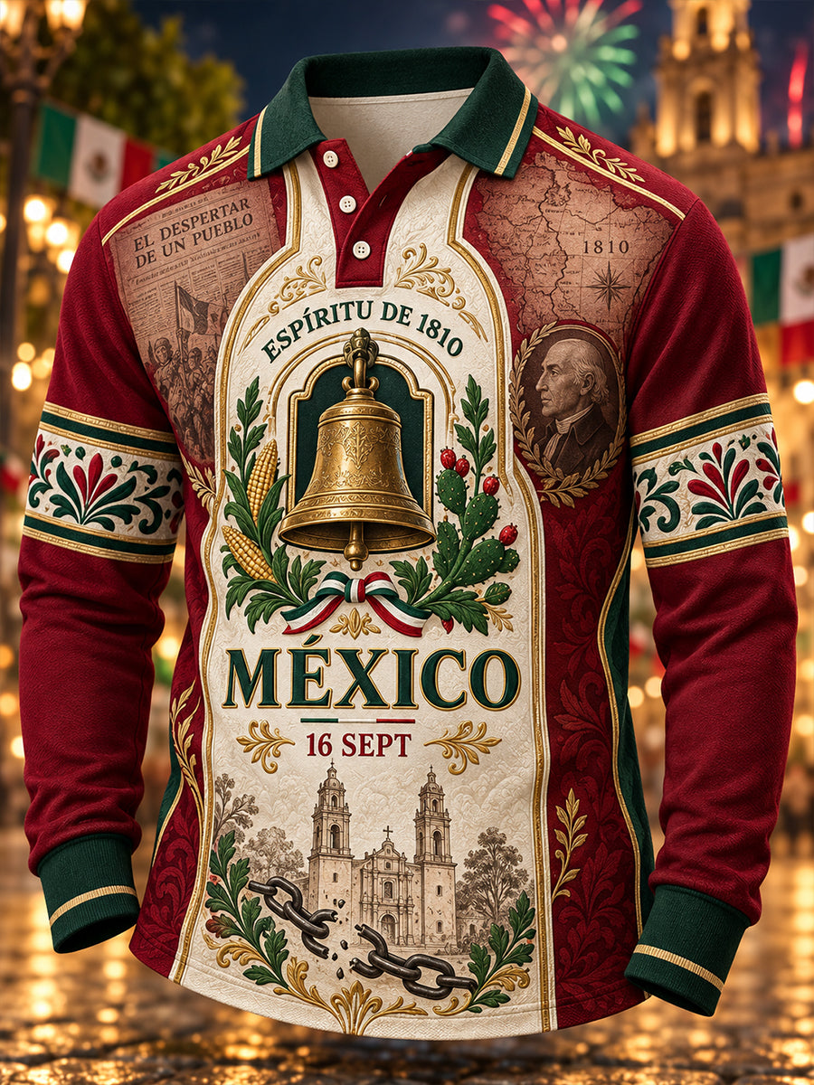 Camisa de manga larga estampada para el Día de la Independencia de México, para hombre