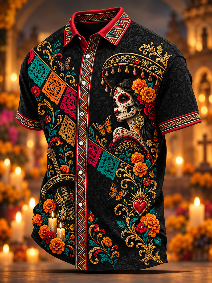 Camisa de manga corta para hombre con estampado del Día de los Muertos de México