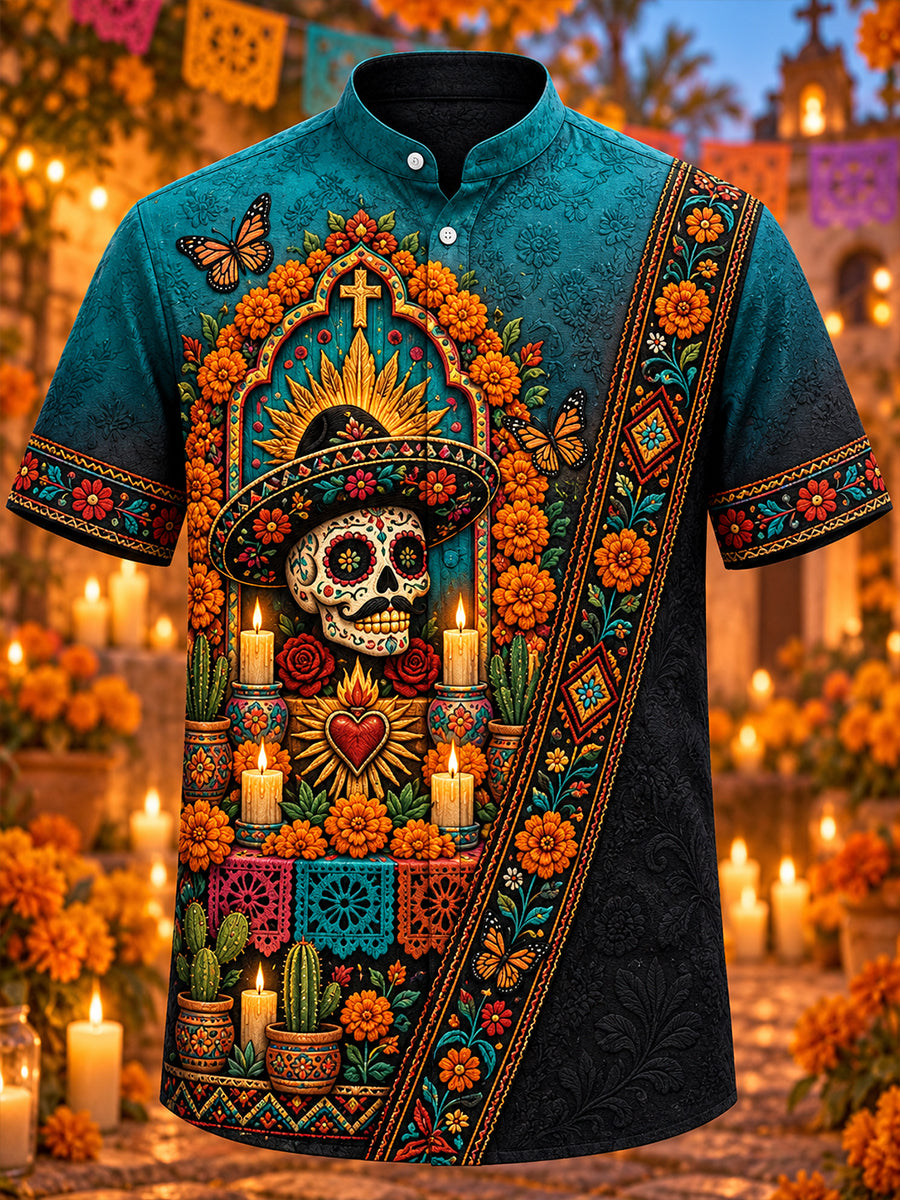 Camisa de manga corta para hombre con estampado del Día de los Muertos de México