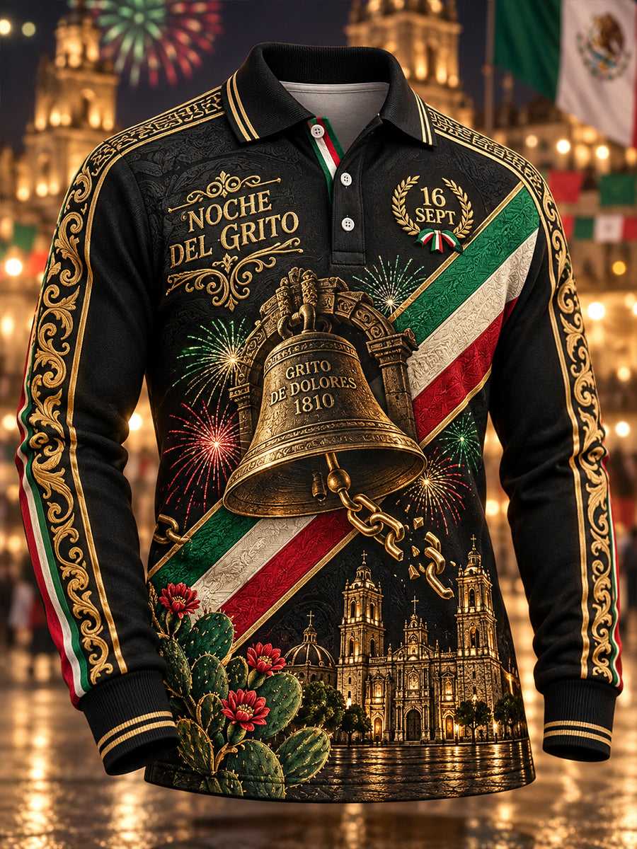 Camisa de manga larga estampada para el Día de la Independencia de México, para hombre