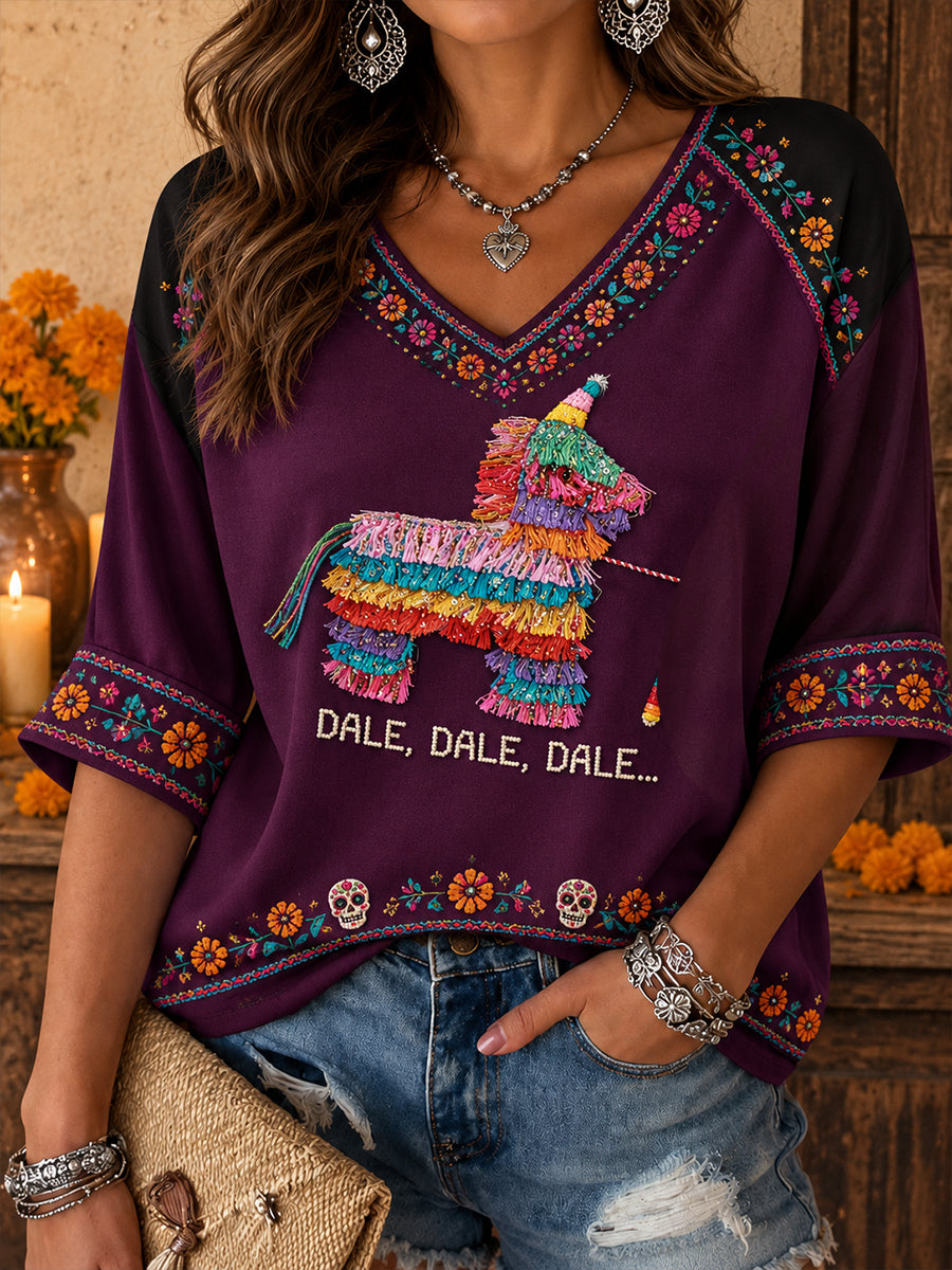 Camiseta estampada con arte de muñeca Lele mexicana para mujer