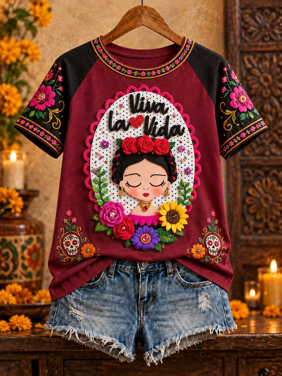 Camiseta estampada con arte de muñeca Lele mexicana para mujer