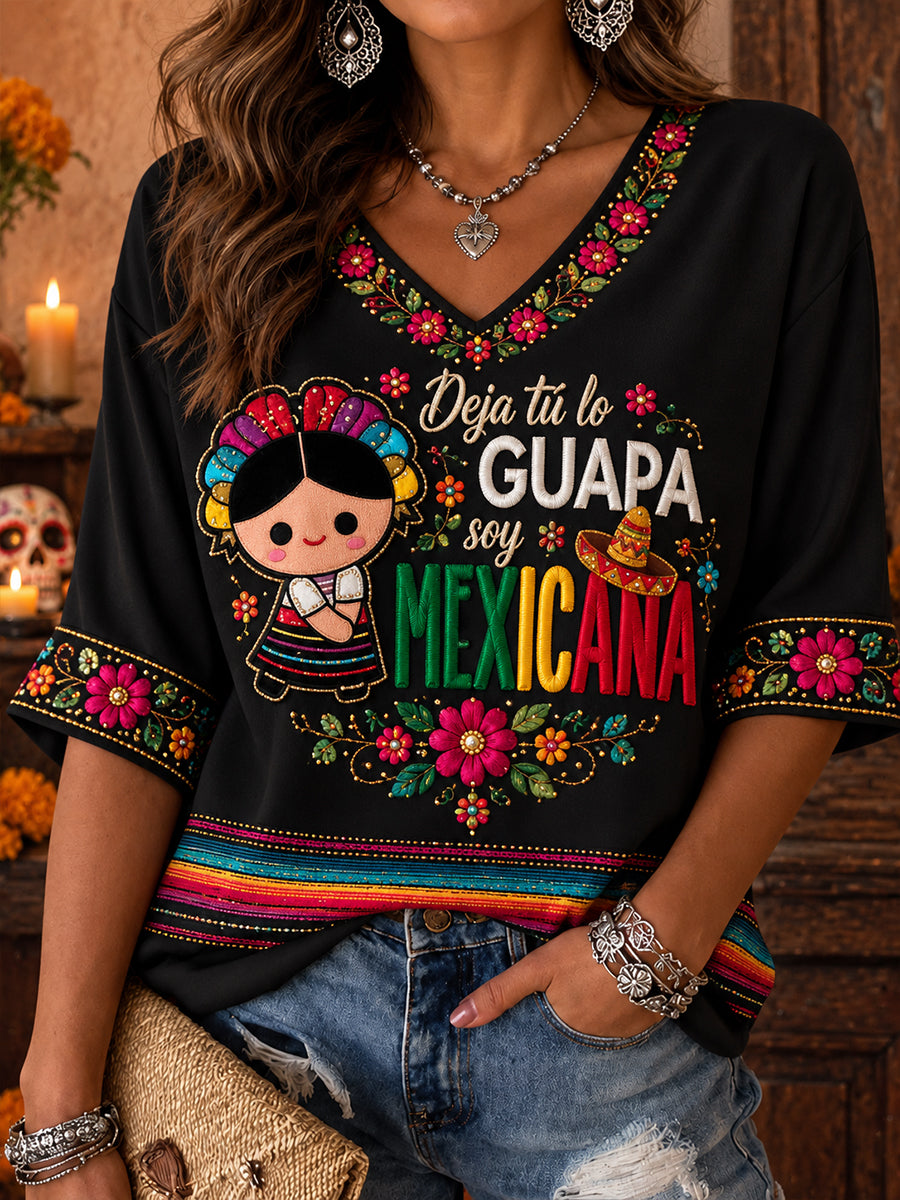 Camiseta estampada con arte de muñeca Lele mexicana para mujer