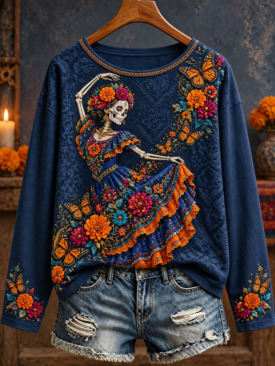 Camiseta estampada con arte floral del Día de Muertos para mujer