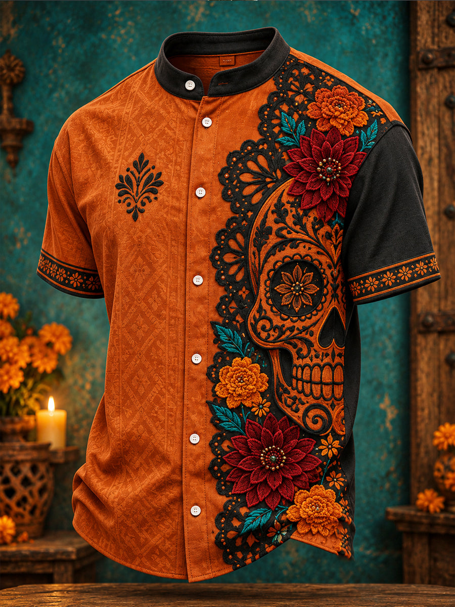 Camisa estampada con arte floral del Día de los Muertos para hombre